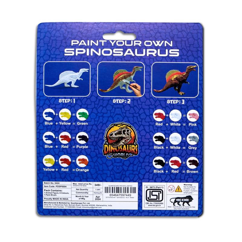 Kimon Toys Paint Your Own 3D Dinosaur - Spinosaurus with 6 Washable Colour & Brush l Activity Art & Craft Kit for Boys & Girls | Educational Painting Kit Set | Dinosaur Playing Toy