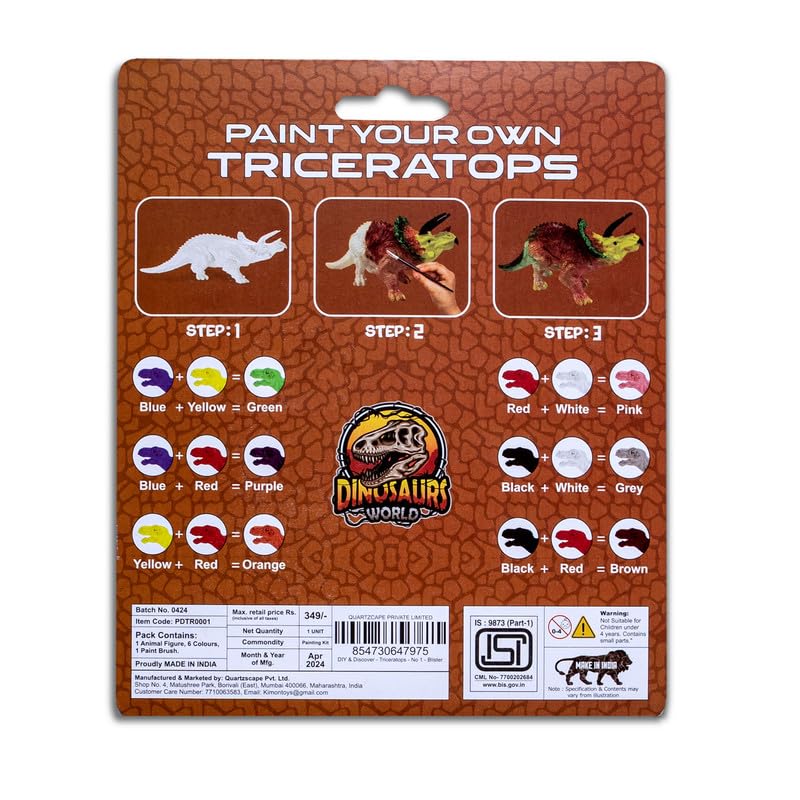Kimon Toys Paint Your Own 3D Dinosaur - Triceratops with 6 Washable Colour & Brush l Activity Art & Craft Kit for Boys & Girls | Model Fun Toys for Kids Educational Learning Games- Children DIY Kit
