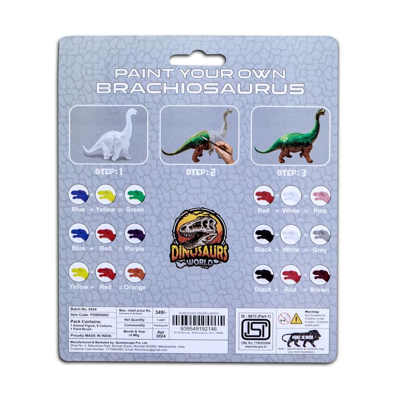 Kimon Toys Paint Your Own 3D Dinosaur - Brachiosaurs with 6 Washable Colour & Brush l Activity Art & Craft Kit for Boys & Girls | Educational Painting Kit Set | Dinosaur Playing Toy