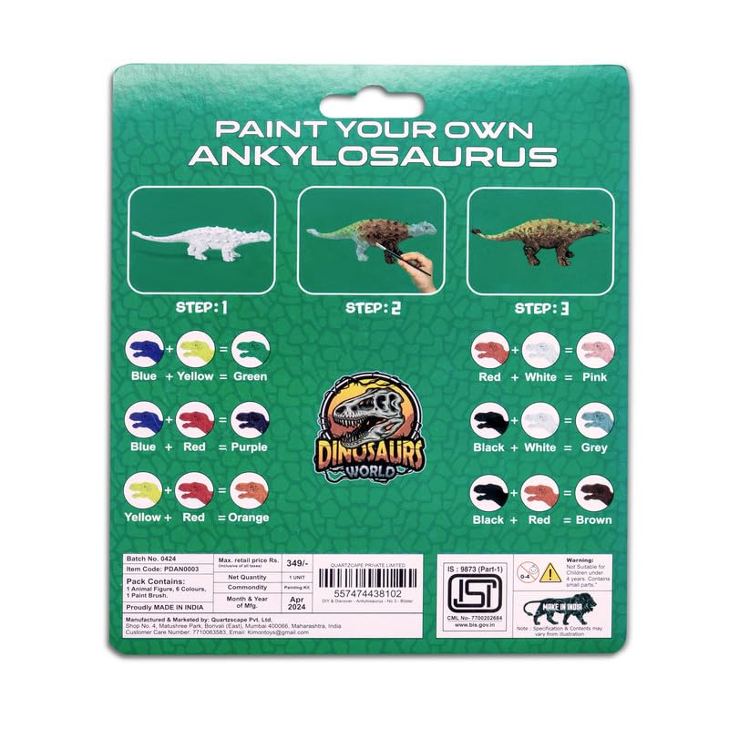 Kimon Toys Paint Your Own 3D Dinosaur - Ankylosaurus with 6 Washable Colour & Brush l Activity Art & Craft Kit for Boys & Girls | Educational Painting Kit Set | Dinosaur Playing Toy