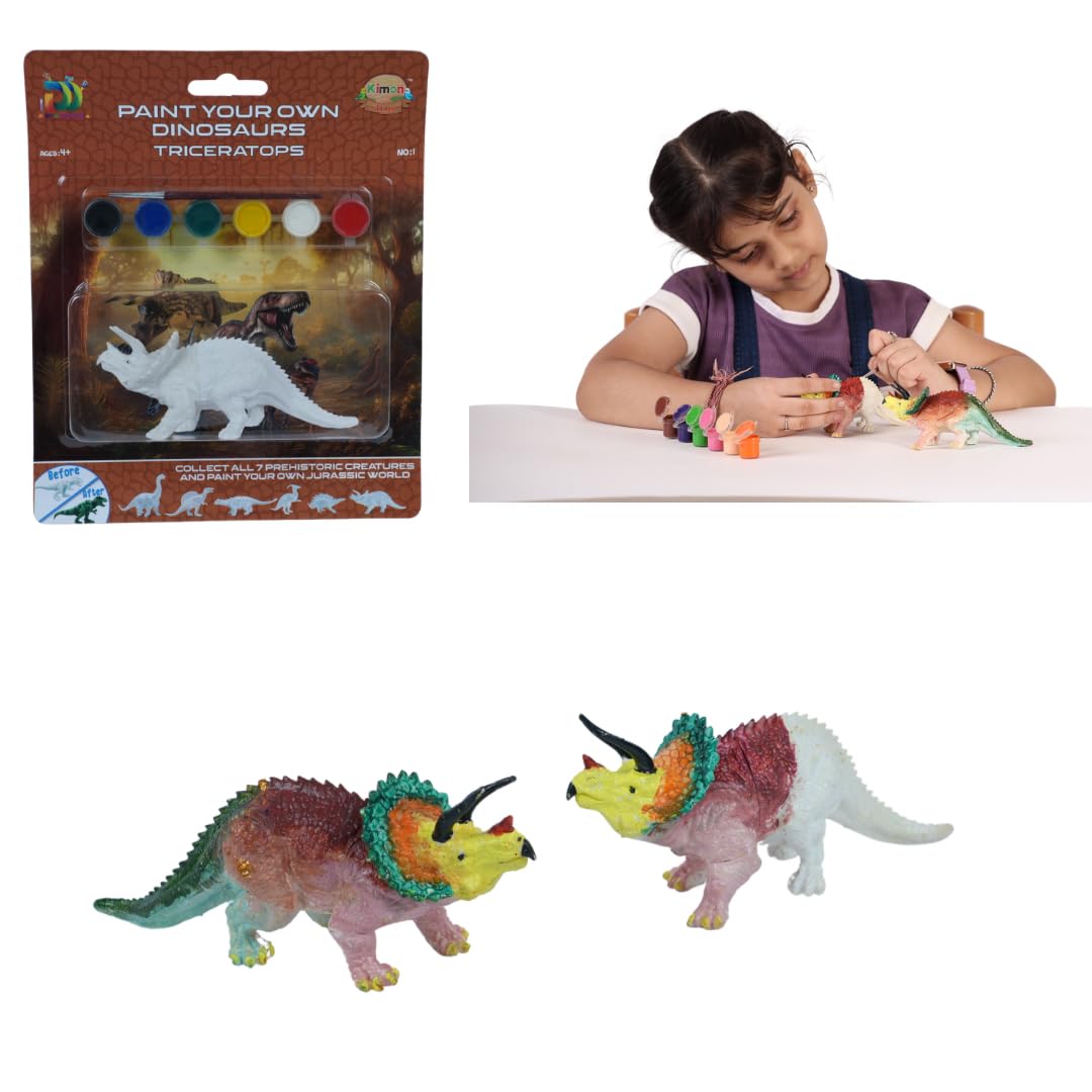 Kimon Toys Paint Your Own 3D Dinosaur - Triceratops with 6 Washable Colour & Brush l Activity Art & Craft Kit for Boys & Girls | Model Fun Toys for Kids Educational Learning Games- Children DIY Kit