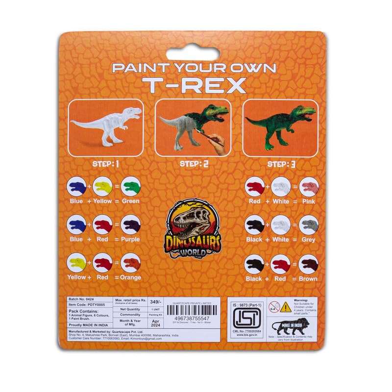 Kimon Toys Paint Your Own 3D Dinosaur - T-Rex with 6 Washable Colour & Brush l Activity Art & Craft Kit for Boys & Girls | Educational Painting Kit Set | Dinosaur Playing Toy