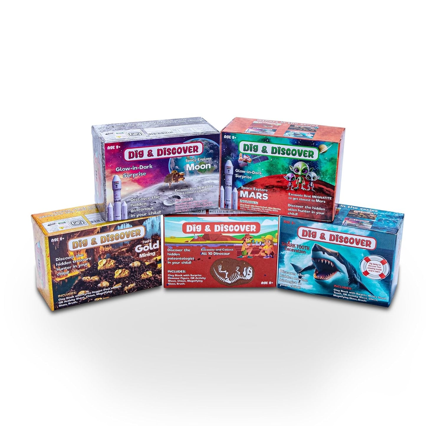 Dig & Discover - Excavation Box - Combo 5 - Dino+Moon+Mars+Shark+Gold