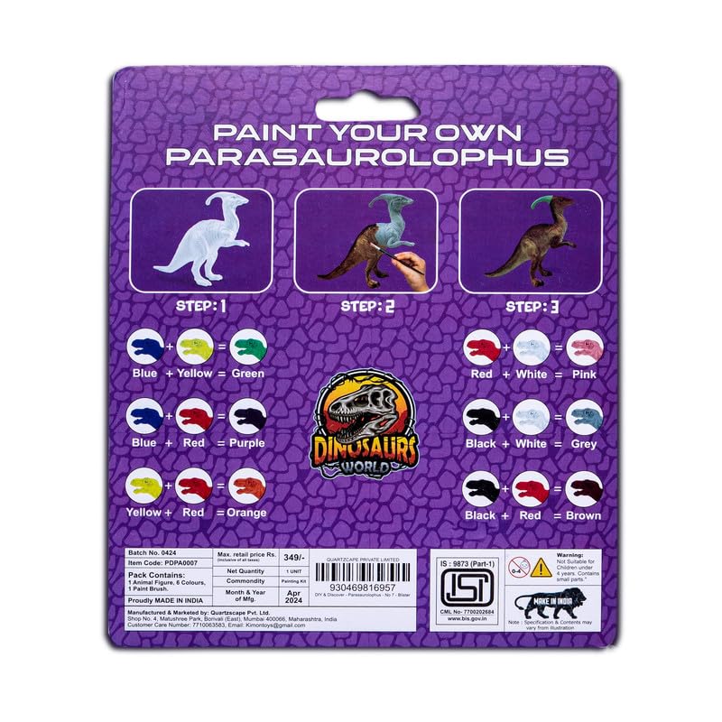 Kimon Toys Paint Your Own 3D Dinosaur - Parasaurolophrus with 6 Washable Colour & Brush l Activity Art & Craft Kit for Boys & Girls