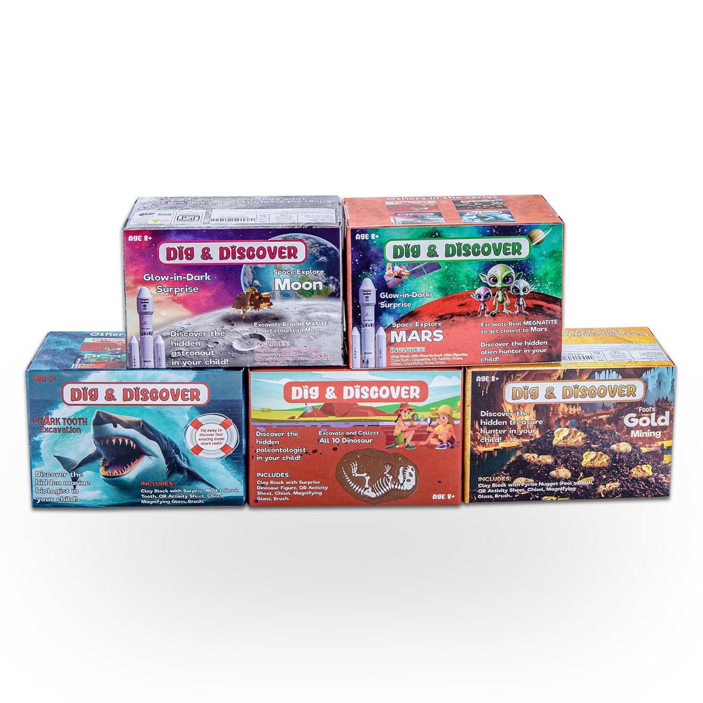 Dig & Discover - Excavation Box - Combo 5 - Dino+Moon+Mars+Shark+Gold