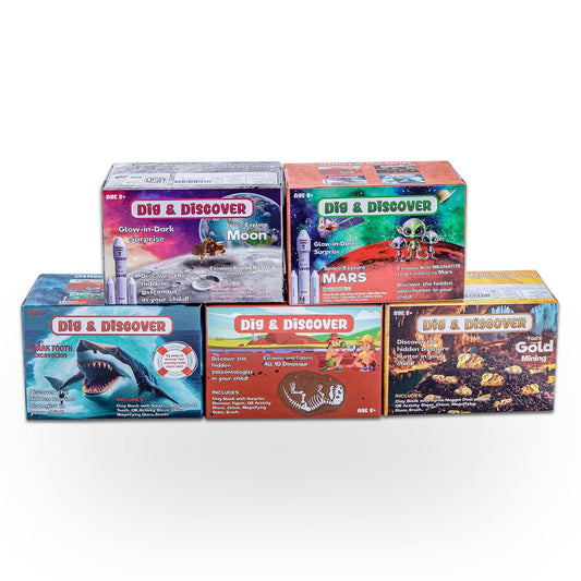 Dig & Discover - Excavation Box - Combo 5 - Dino+Moon+Mars+Shark+Gold