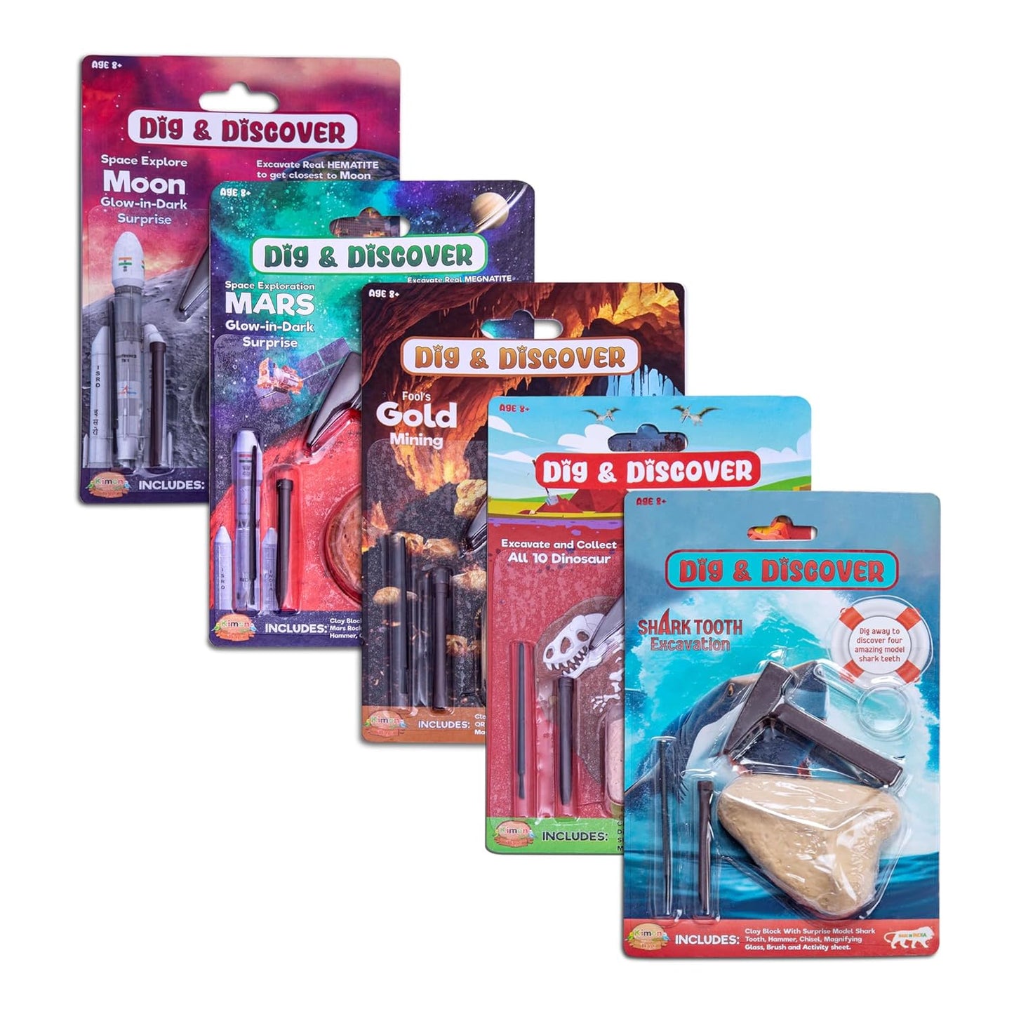 Dig & Discover Excavation Kit Blister Combo 5 - Glow-in-Dark Surprise, Moon, Mars, Gold Mining, Dinosaur Excavation, Shark Tooth Specimens | Fun & Educational Activity | Realistic Toys Gifts for Kids