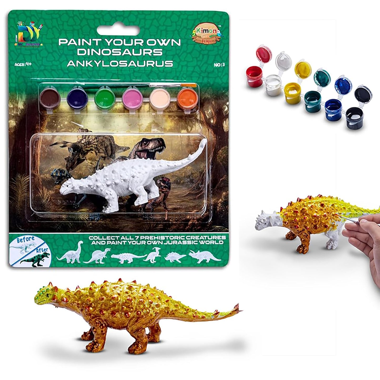 Kimon Toys Paint Your Own 3D Dinosaur - Ankylosaurus with 6 Washable Colour & Brush l Activity Art & Craft Kit for Boys & Girls | Educational Painting Kit Set | Dinosaur Playing Toy