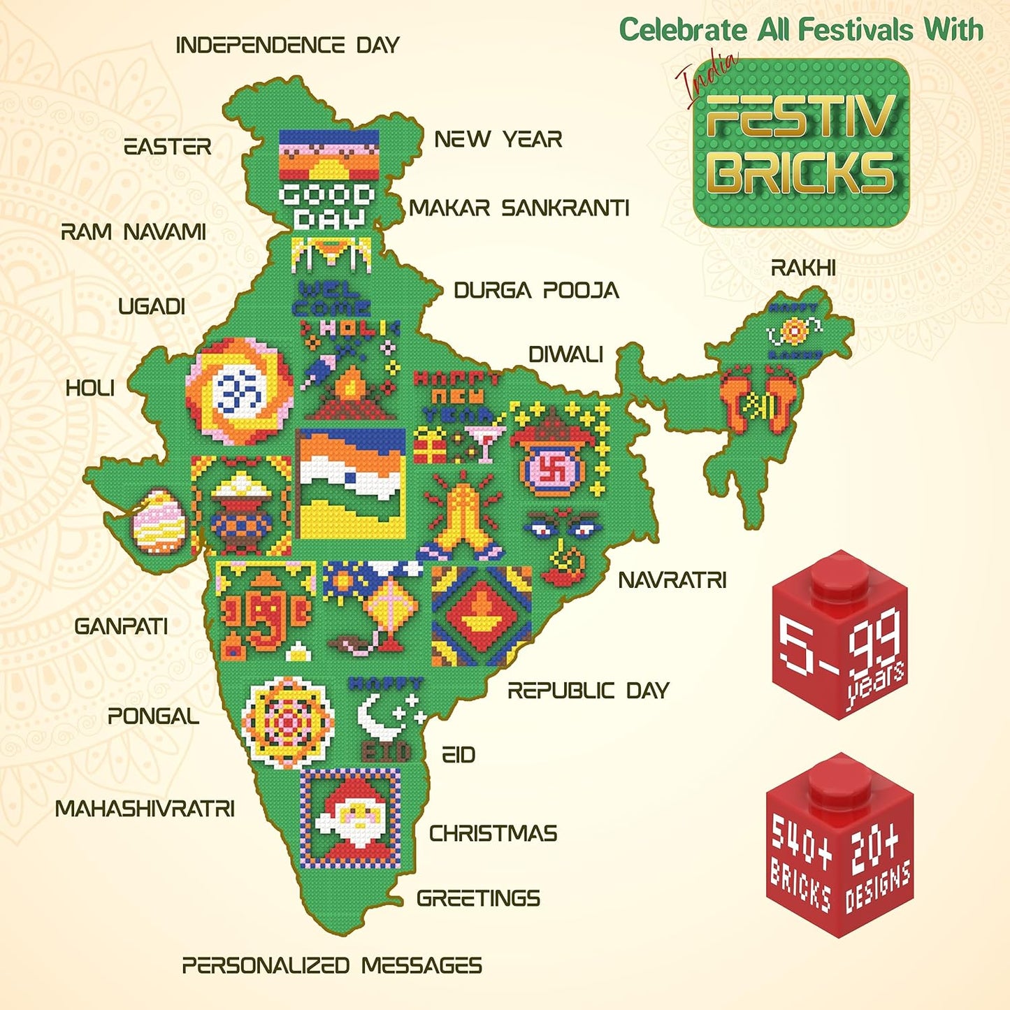 India Festival Building Block Toy, Age 5 to 99+, Diwali, Christmas, Eid, Republic Day, Other Festivals and Occassions | Educational STEM | Gift for Kids and Adults